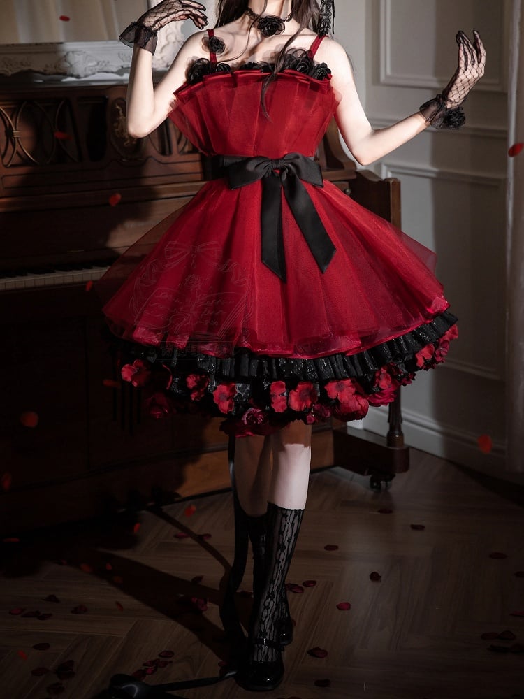 Black Dress Neckline Party Jumper Birthday Straps Floral Red and Lolita Skirt Spaghetti