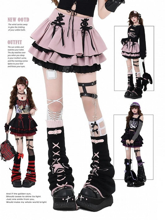 Waist at Pink Tiered Lace-up Details Y2K Skirt