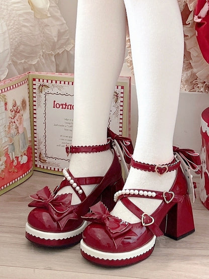 Heart Sweet Red PU Lolita Buckles Strap Bow Bead-Embellished Janes Leather with Mary Accents in Wine