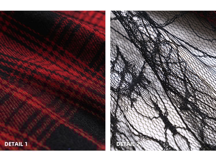 Red  Black Mesh Asymmetrical Plaid Skirt with PU Patchwork