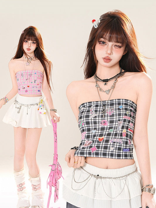 Plaid Sticker Print Cropped Pink/Black Strapless Top