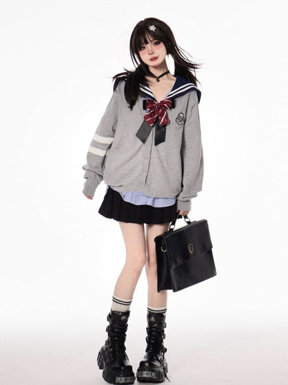 Autumn JK Uniform Preppy Black/Gray Style V-neck for Knit Cardigan
