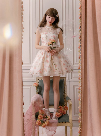 Dress Pink Print Rosette White Illusion Lolita Summer Neckline