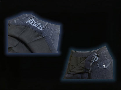Y2K Dark Blue Letters Cross Charms Punk Rock Denim Pleated Skirt