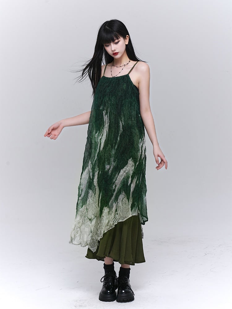 Robe à bretelles spaghetti à volants et ourlet asymétrique vert dégradé