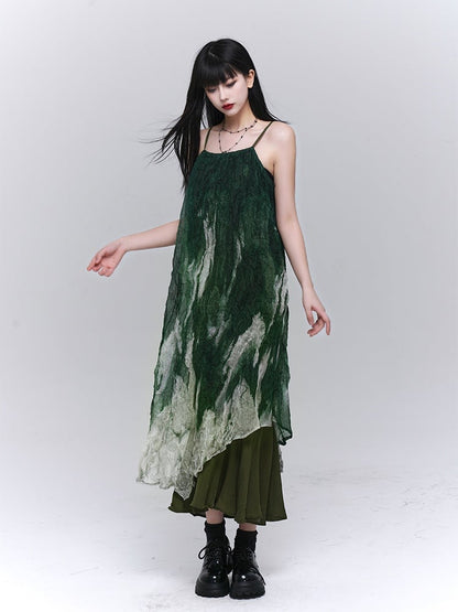 Robe à bretelles spaghetti à volants et ourlet asymétrique vert dégradé
