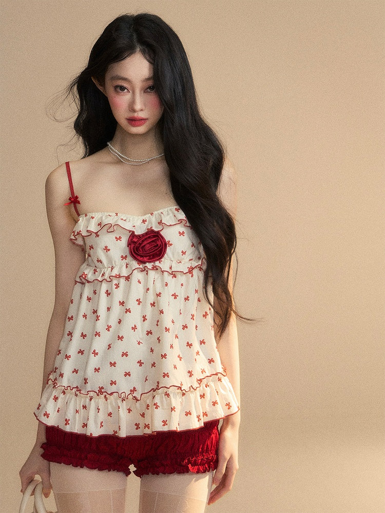Floral Trim Apricot Ruffled Cami Red Bowknots Print Embellished Top