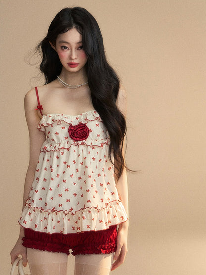 Floral Trim Apricot Ruffled Cami Red Bowknots Print Embellished Top