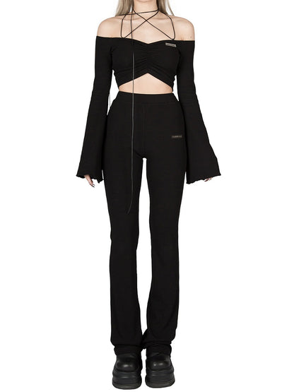 Knit Pants Stretchy High-Waisted - Flared Figure-Flattering Black
