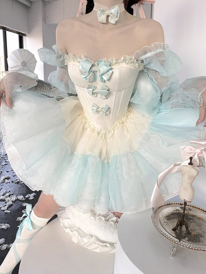 Green Bowknots Decoration Bodice Corset Top with and Puffy Skirt Yellow Set Balletcore