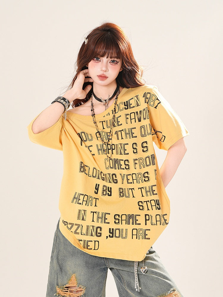 Asymmetrical Neckline Letter Print Loose T-Shirt Yellow/White/Black