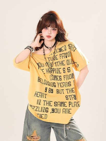 Asymmetrical Neckline Letter Print Loose T-Shirt Yellow/White/Black