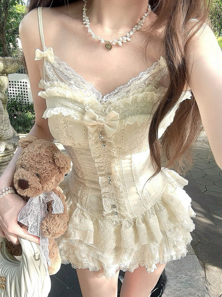 Bustier With Embroidery Corset Floral Lace Bow White Detachable Ruffled