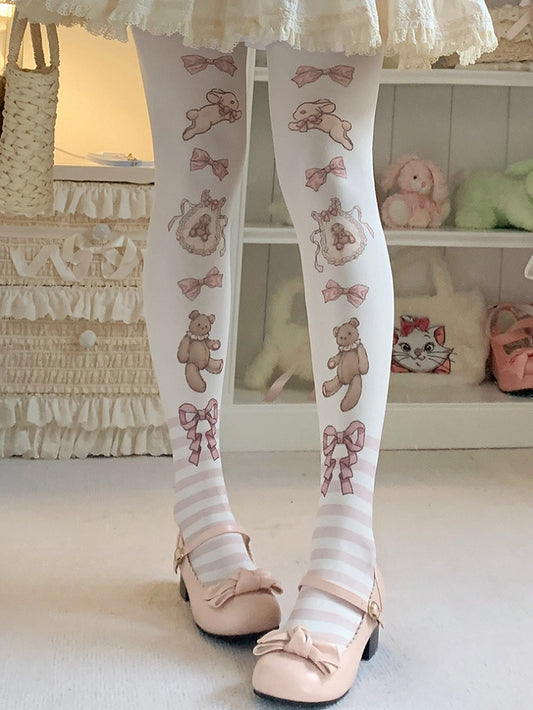 Brown/Pink Bunny and Bear Striped Sweet Lolita Tights