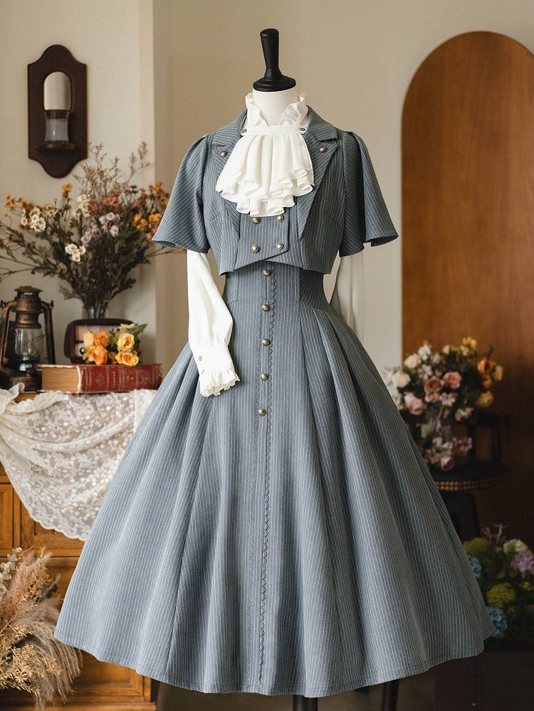 Jupe Lolita classique élégante taille haute bleu clair poussiéreux vintage printemps