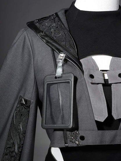 Sleeves XL Overlong Ouji Bodysuit Size Leather Exclusive + Futuristic Shorts Outfit Techwear Black Jacket Cropped Lolita -