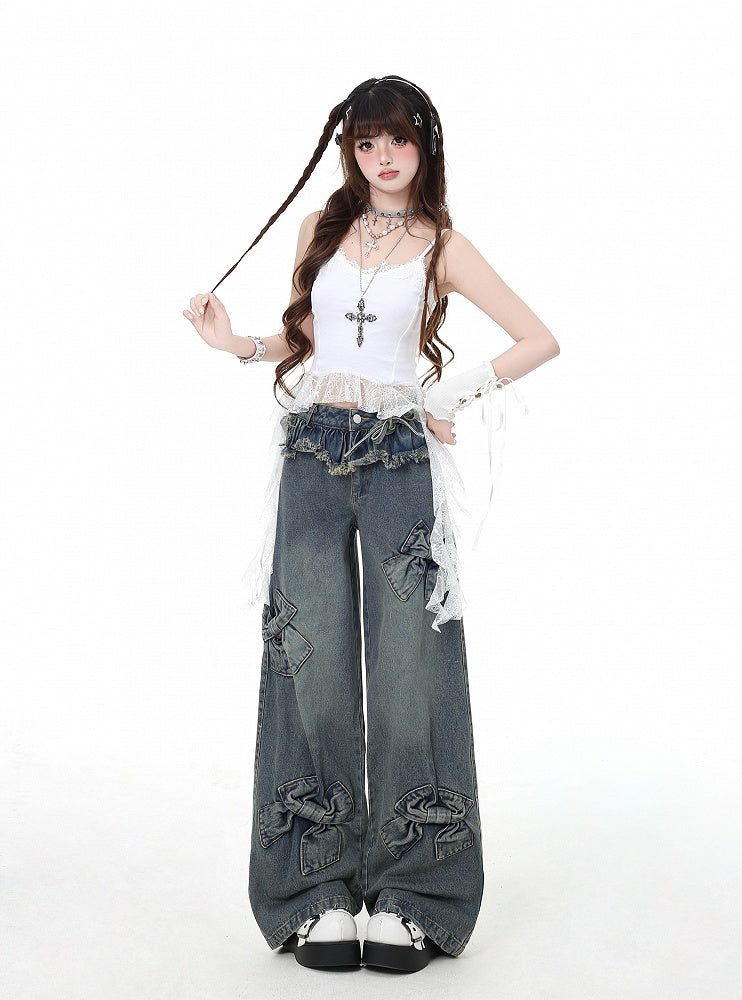 Blue Big Bows Raw Hem Wide-Leg Jeans