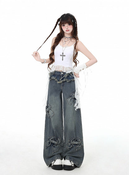 Blue Big Bows Raw Hem Wide-Leg Jeans