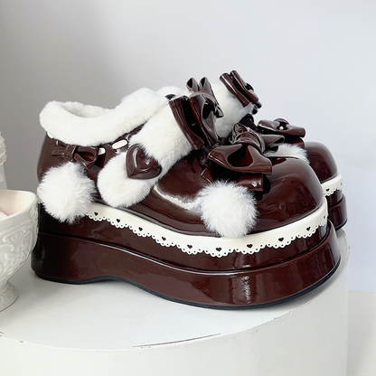 Lolita Coffee Cute Heart Bowknot Platform Shoes With Pompons