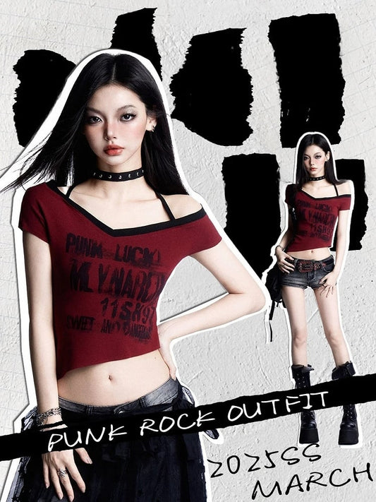 Rock and Hem Red Halter Neck Asymmetrical Neckline Graphic Cropped T-shirt Punk Y2K