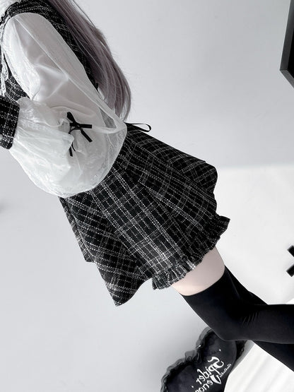 Mini Dress with Shorts Bow Set Detachable Big Jirai Kei Black  White Tweed Peter Pan Collar