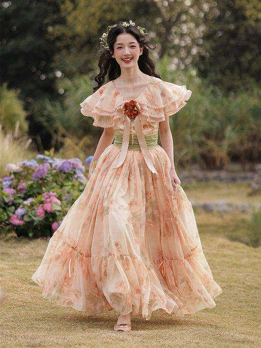 Robe à col châle à volants et imprimé floral vintage orange rose