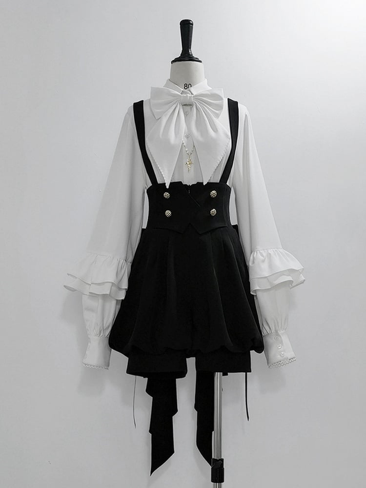 White Ouji Lolita Long Bishop Sleeves Shirt with Bow Tie