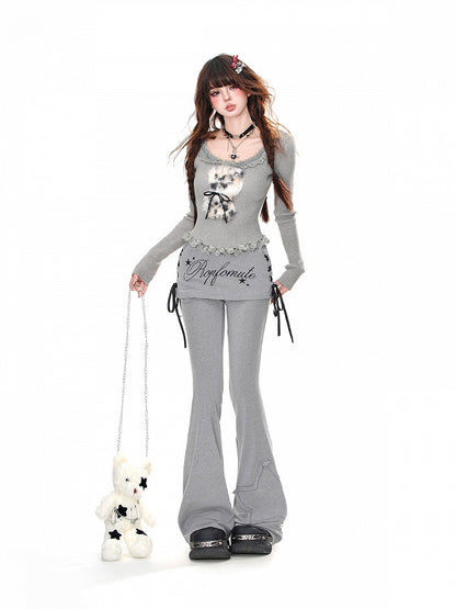 Glamorous Black/Gray/White Acubi Fashion Neckline Hem Ruffled Plush Puppy Knitted Top Adorable and