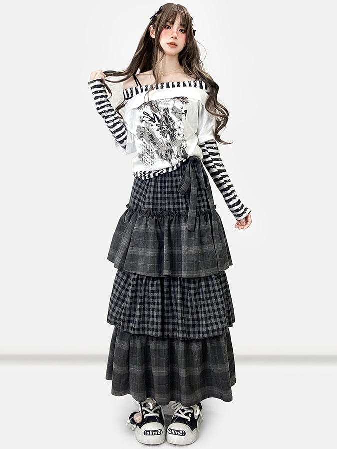Striped Sleeves WhiteBlack Top Design Print Pattern Neckline Long Off-the-shoulder