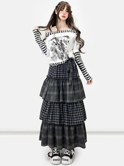 Striped Sleeves WhiteBlack Top Design Print Pattern Neckline Long Off-the-shoulder