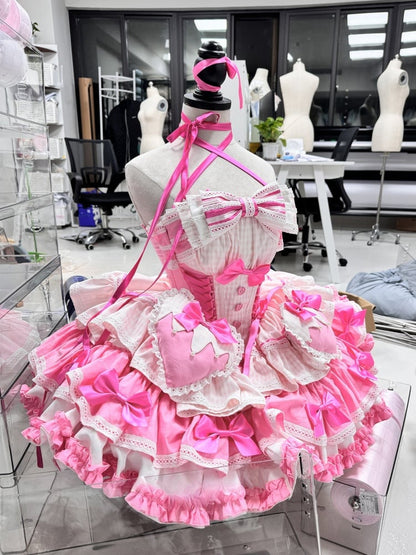 Pink Boned Basque Waist Puffy Dress with Bowknots and Big Padded Heart