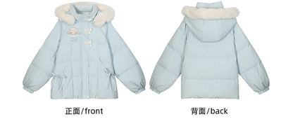 Blue Cute Lamb Applique Bowknot Details Hooded Down Coat Short Version