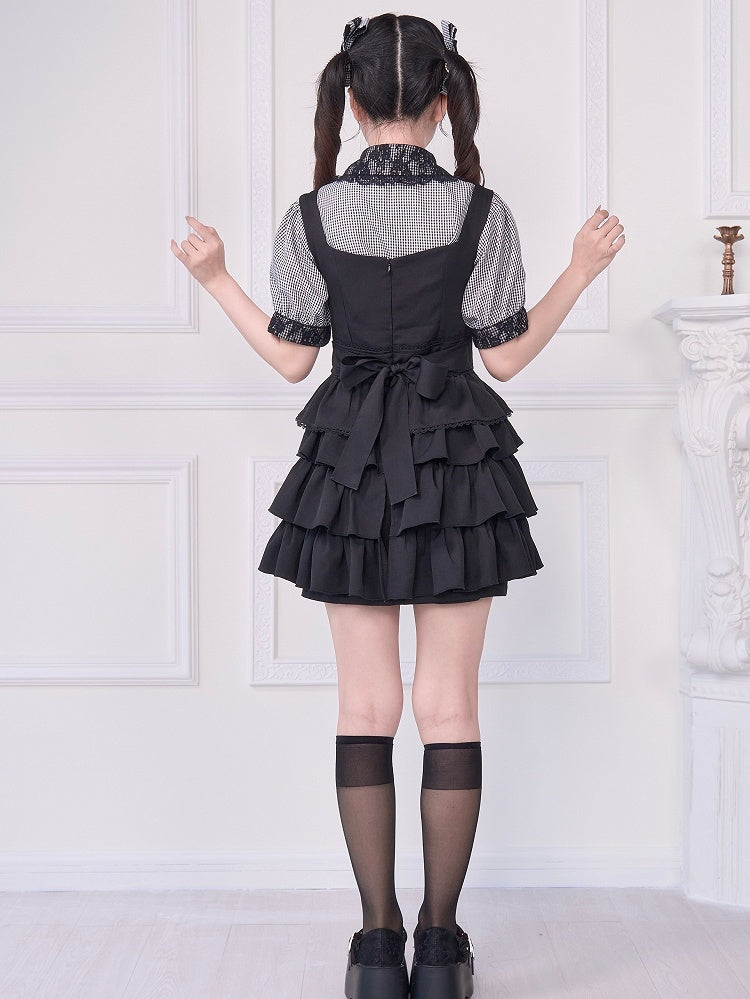 Short Sleeves Blouse with Bowknot Brooch Jirai Kei Plaid Black Lace Trim