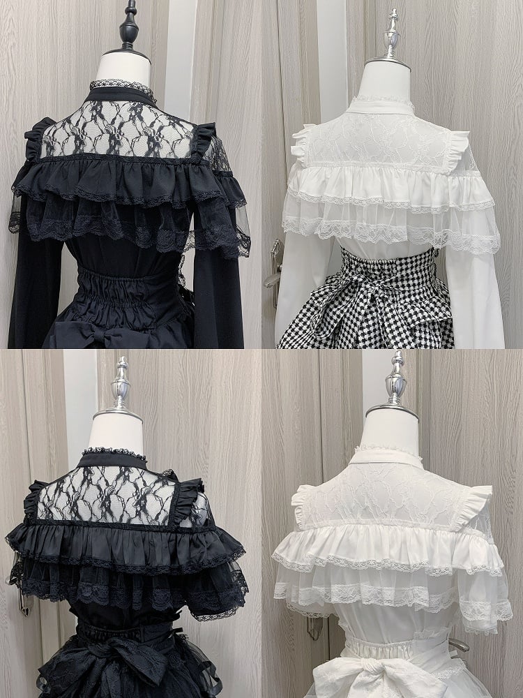 Big Ruffles Black/White Illusion Neckline Tiered Heart Buttons Short Jirai Kei Bow Sleeves Blouse with