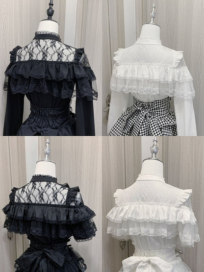 Big Ruffles Black/White Illusion Neckline Tiered Heart Buttons Short Jirai Kei Bow Sleeves Blouse with
