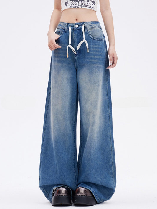 Low Vintage Wide-Leg Jeans Length Drawstring Floor Blue Waist