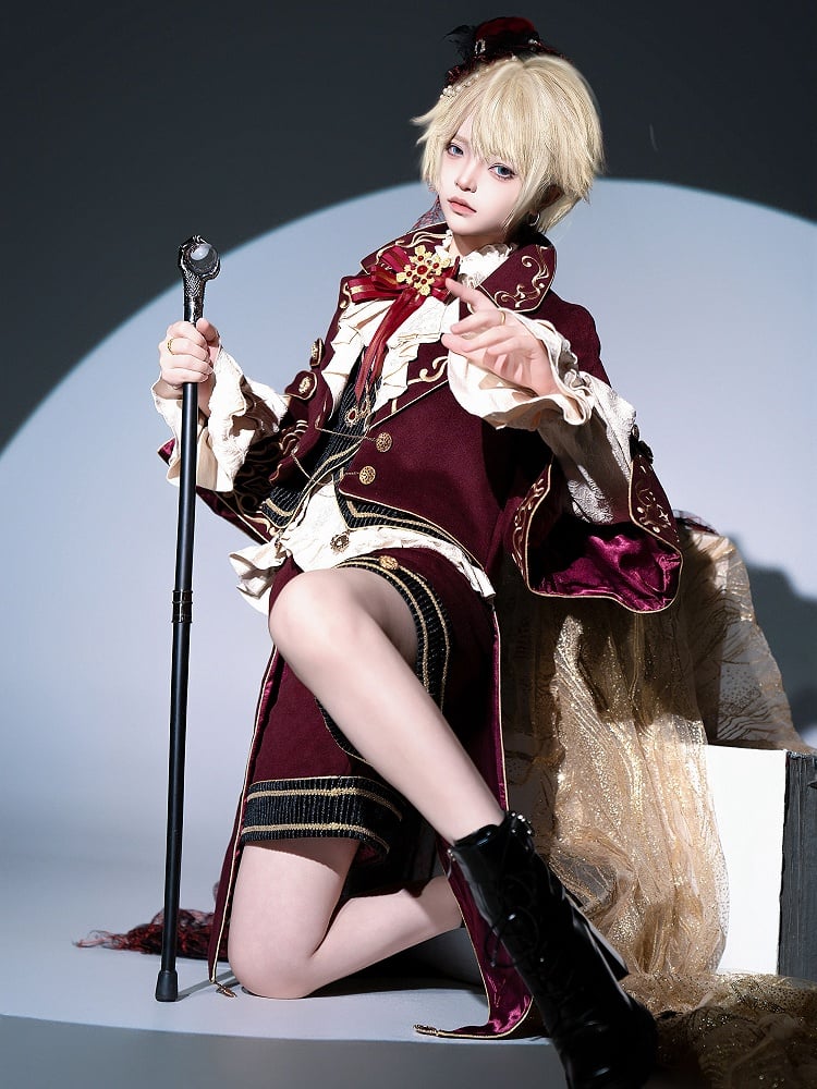 Tenue Lolita Gryffondor Ouji rouge : chemise à manches longues + manteau queue d'hirondelle rouge + short coupe droite