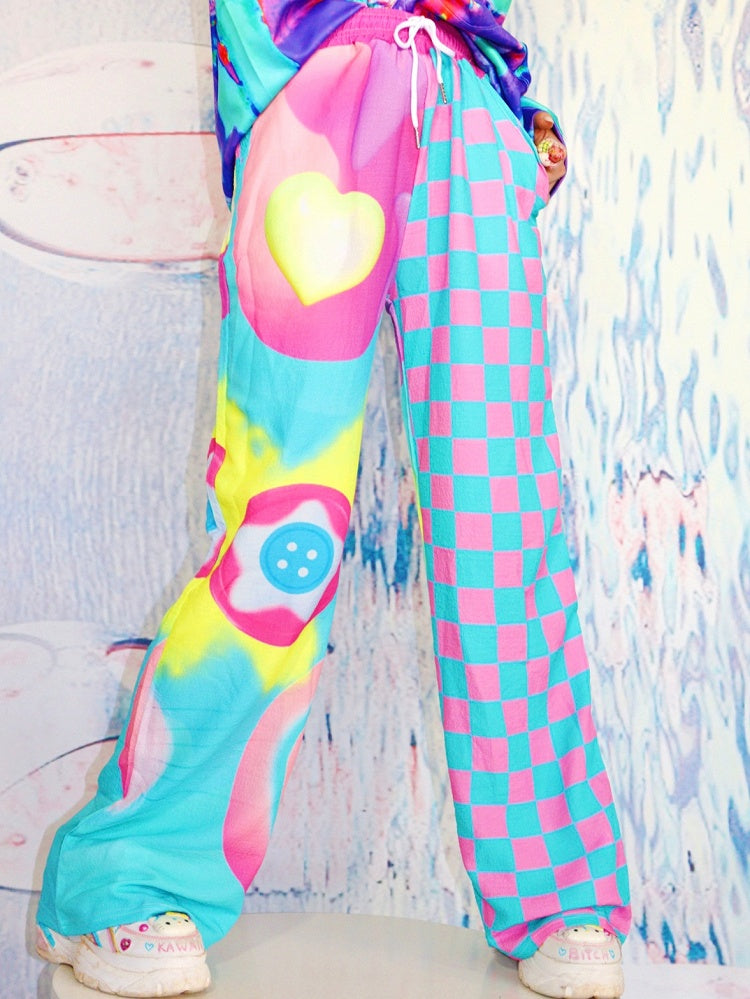 Star Print Heart Pants Cut Colorful Pattern Checked And Y2K Wide-leg