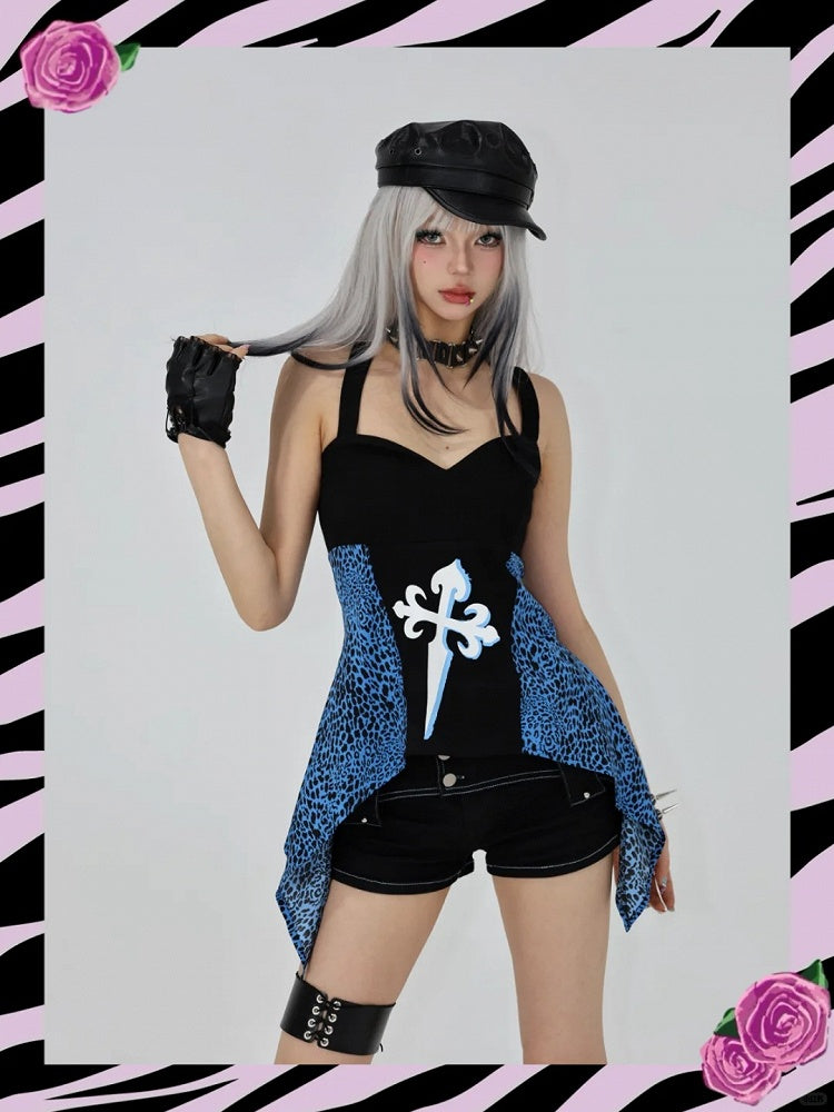 Haut sans bretelles noir glamour à patchs léopard bleus Gyaru des années 2000