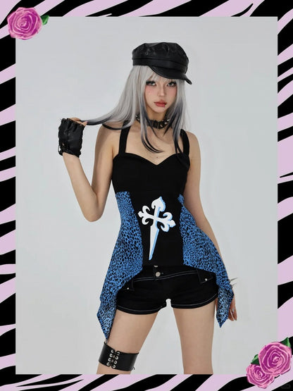 Haut sans bretelles noir glamour à patchs léopard bleus Gyaru des années 2000