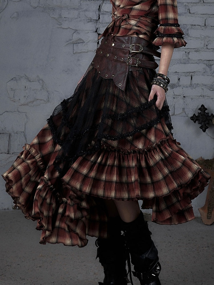 Hem Waistline Wasteland Asymmetrical Studs Punk Skirt BlackRed Plaid PU Pattern Flounce