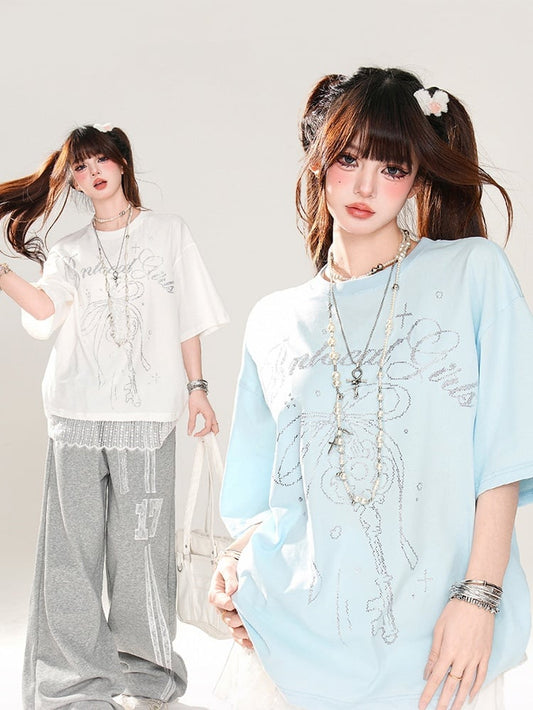 T-Shirt Loose Blue/White Key and Bowknot Print Lace Trim