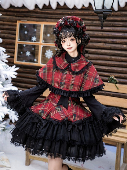 Red Plaid Pattern Rounded Flat Collar Cape