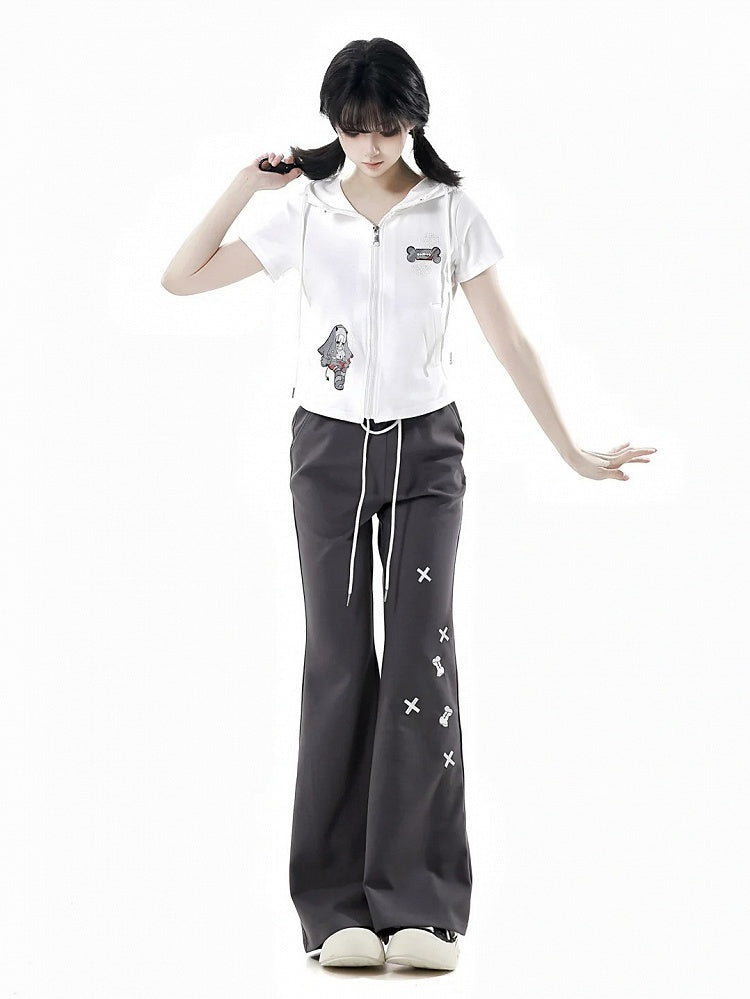 Bone Embroidery Drawstring Waist Flared Pants Black/Blue/Gray