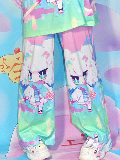 Y2K Gerade geschnittene Hose mit buntem Print und Cartoon-Muster