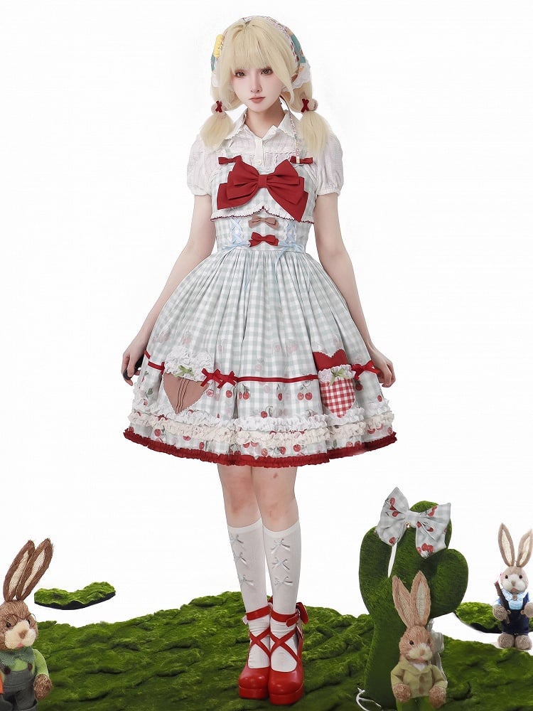 Cherry Dress Print Blue Lolita Sweet Jumper Skirt Red Gingham