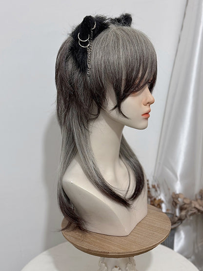 Black 45CM Ouji Bangs Ombre Straight Gray And With Style Length Wig