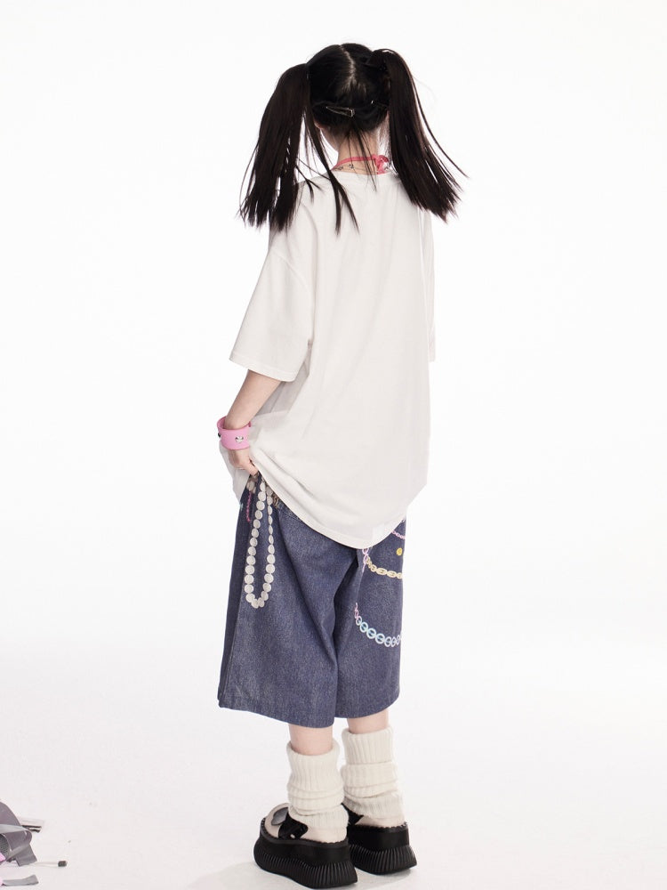 Print Loose White Round Neck Angel T-Shirt Statue