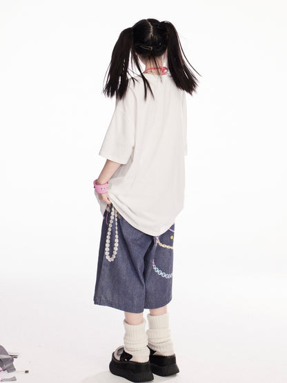 Print Loose White Round Neck Angel T-Shirt Statue