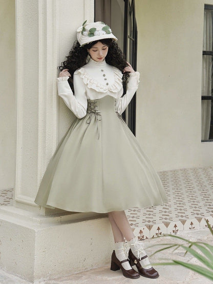 Spring Sleeves Ruffle Neckline Fake Lolita Dress Light Green Long Design and Classic Two-pieces Beige